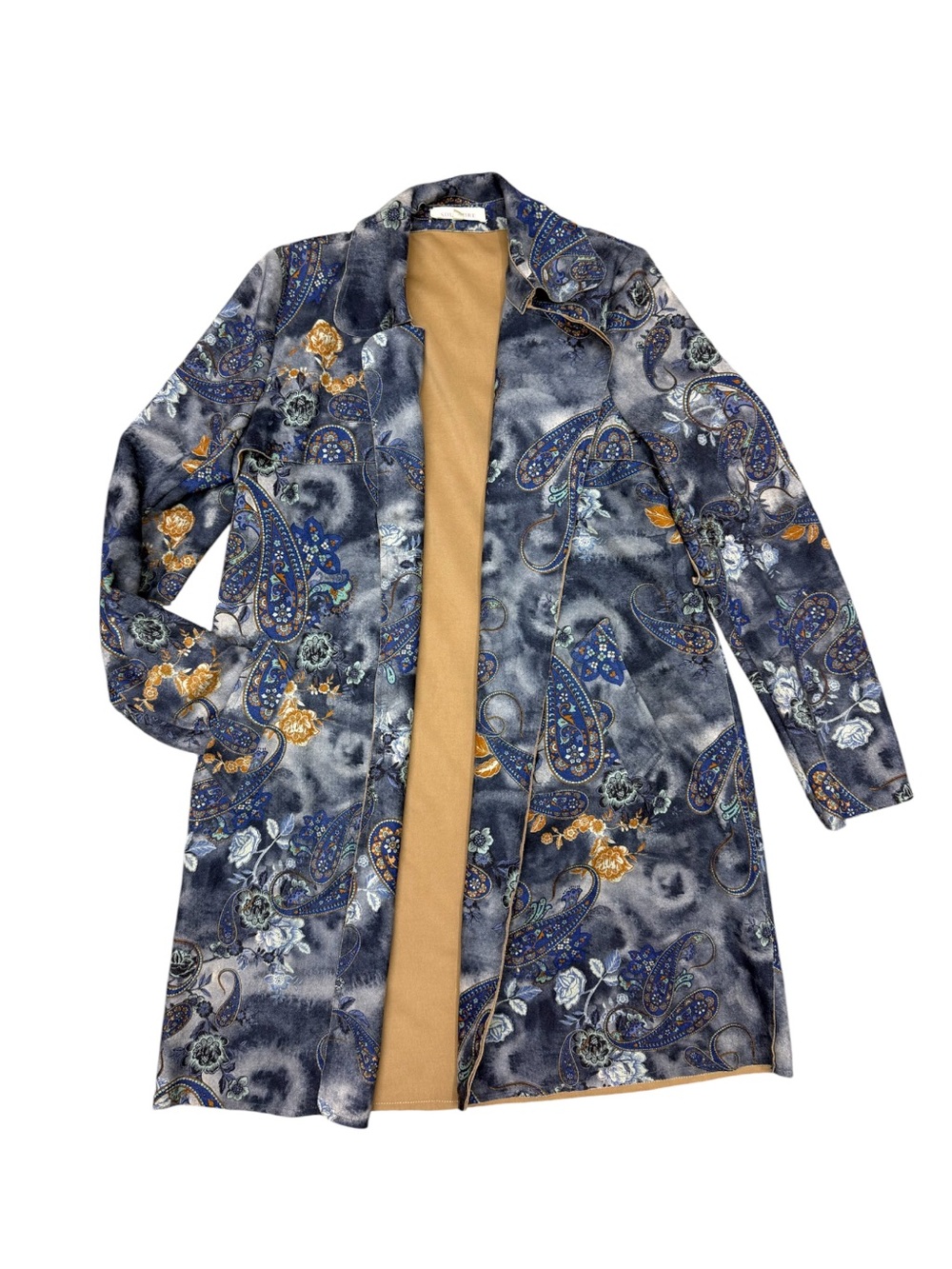 Solitaire Boho Blue Floral Paisley Longline Duster Trench Jacket